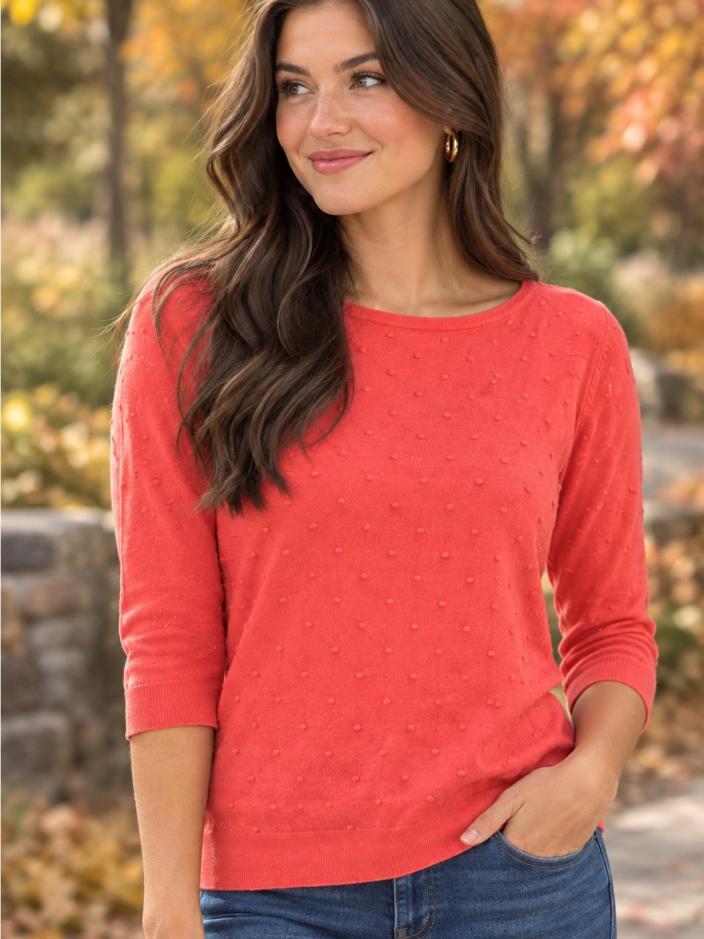 Ann Taylor Factory Coral Textured Dot-Detail Sweater
